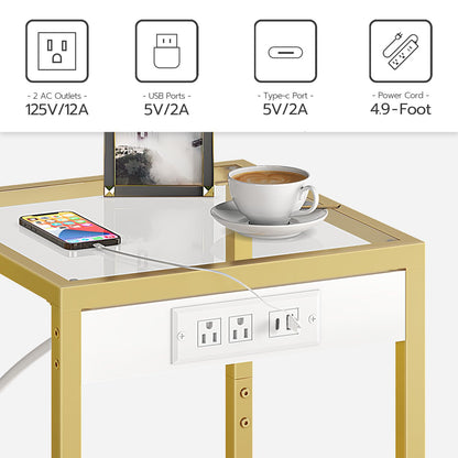 HOOBRO Gold Modern Metal Frame Tempered Glass Desktop Side Table with USB Port & Charging Station / 2PICS