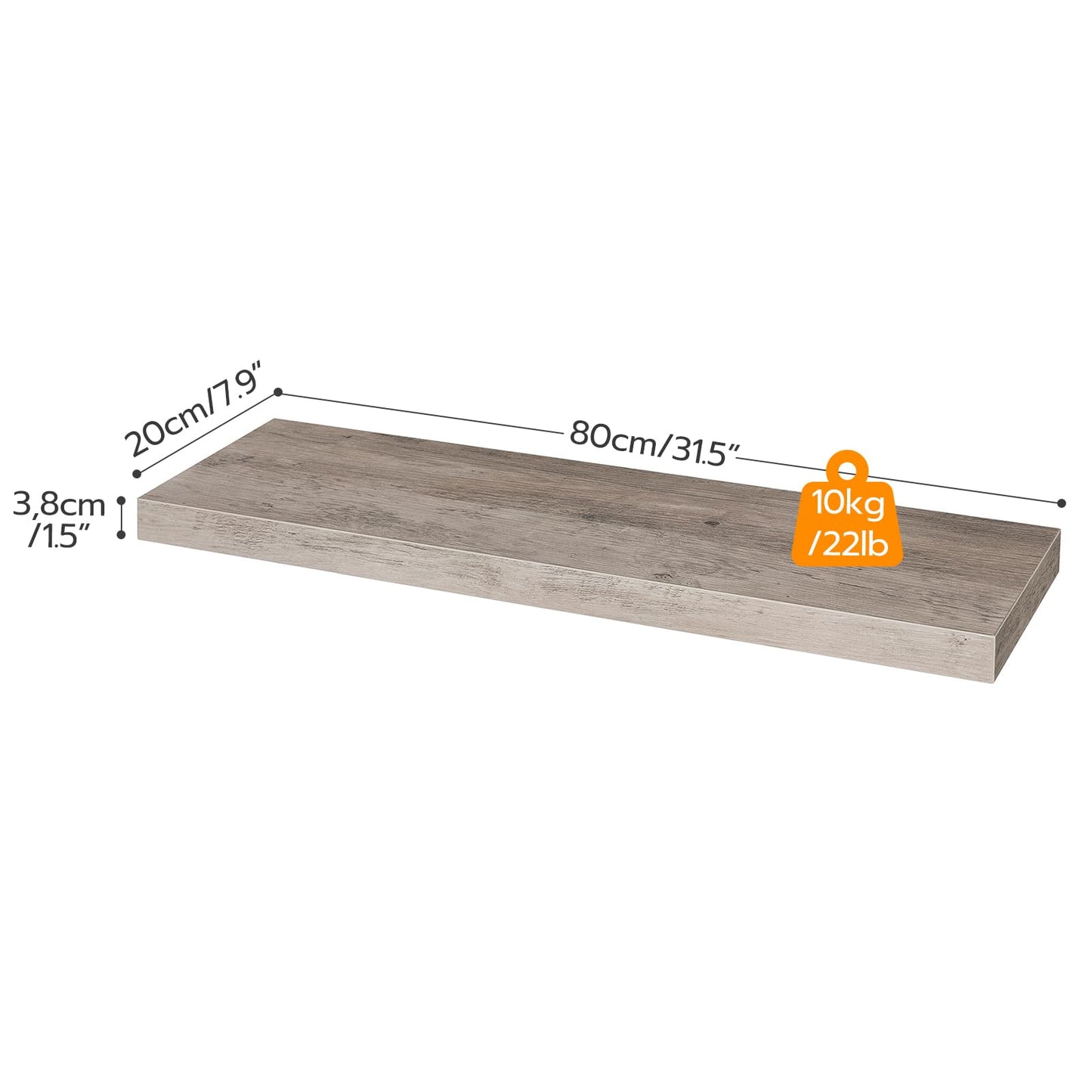 Wooden shelf with measurements and weight capacity on a white background