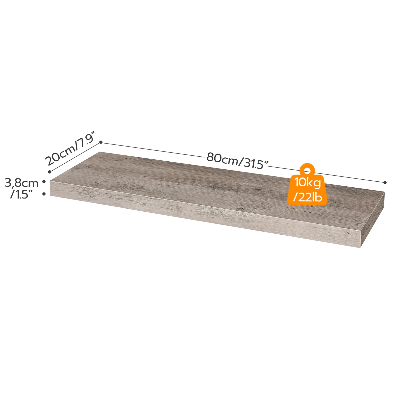 Wooden shelf with measurements and weight capacity on a white background