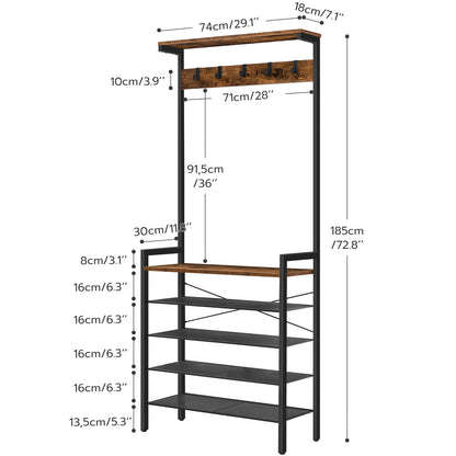 HOOBRO Retro Brown Industrial Style Five-Tier Hallway Coat Rack with Shoe Storage & Bench & 5 Hooks