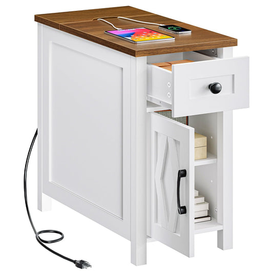HOOBRO End Table with Charging Station, Farmhouse End Table with Drawer, Slim Nightstand for Living Room, Storage Cabinet, Narrow Side Table for Bedroom, Office, Walnut and White WH364UBZ01