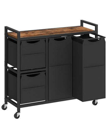 HOOBRO Laundry Sorter with 4 Section, 34 Gal. (127 L) Laundry Hamper with Wheels, Rolling Laundry Basket with Shelf, Pull-Out Detachable Bags, Side Pockets, Rustic Brown and Black BF14XY01N1