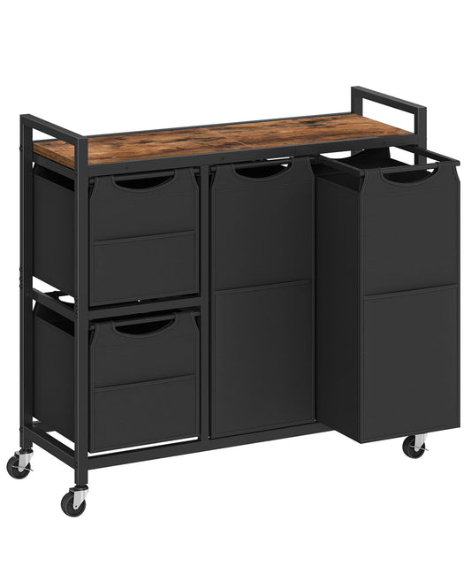 HOOBRO Laundry Sorter with 4 Section, 34 Gal. (127 L) Laundry Hamper with Wheels, Rolling Laundry Basket with Shelf, Pull-Out Detachable Bags, Side Pockets, Rustic Brown and Black BF14XY01N1
