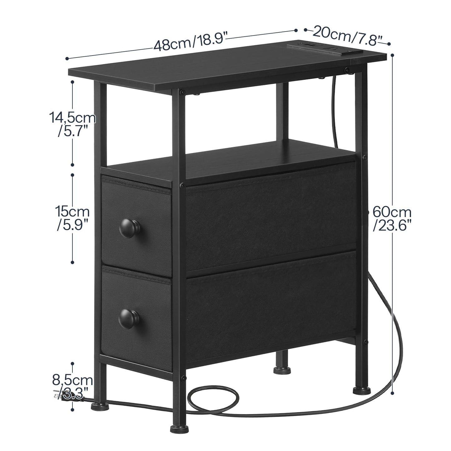 Black nightstand with dimensions labeled on a white background