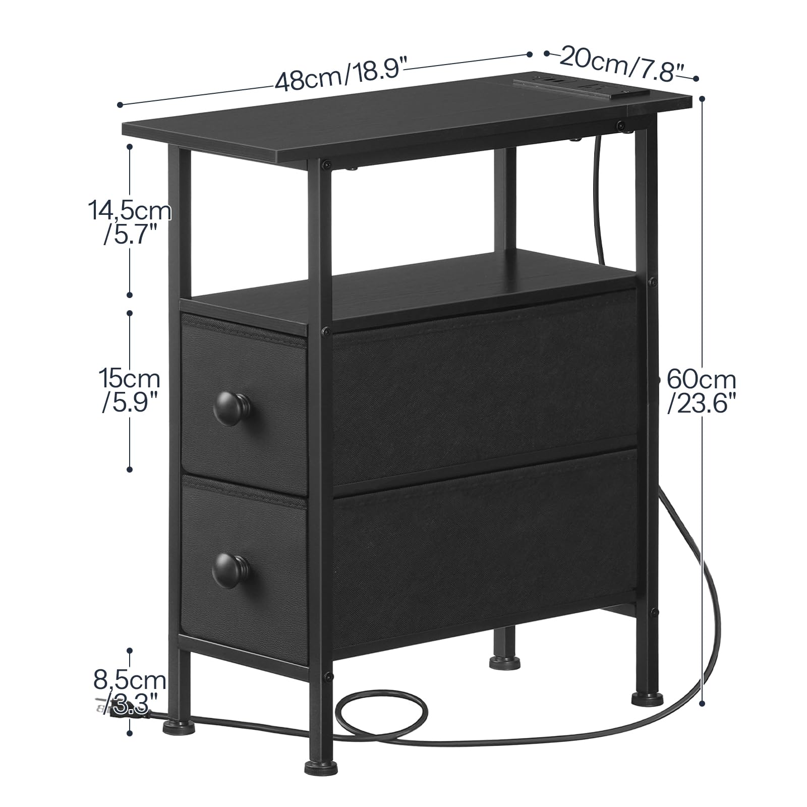 Black nightstand with dimensions labeled on a white background