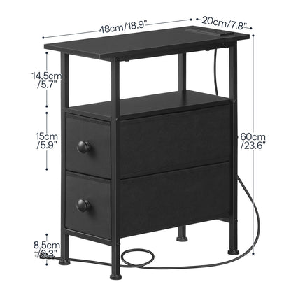 Black nightstand with dimensions labeled on a white background