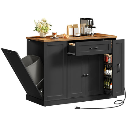 HOOBRO Black Mobile Kitchen Island with Trash Can Storage & Power Outlet & Spice Rack & Drawers