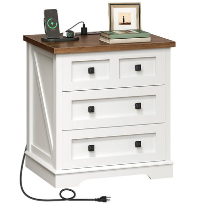 HOOBRO White 23.6-inch Wide Farmhouse Style Bedside Table with 3 Drawers & Charging Station