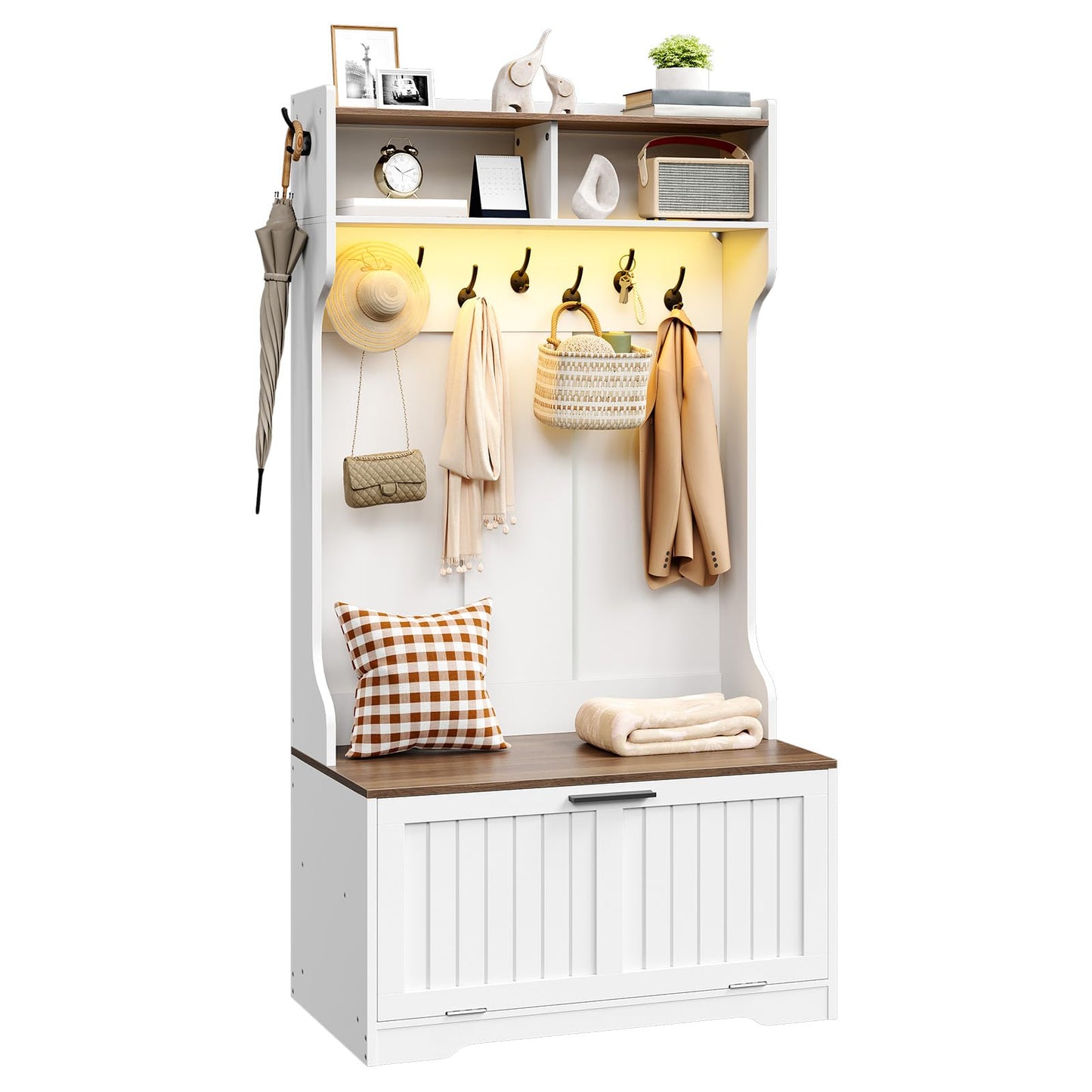 White and wooden entryway cabinet with hooks and storage space on a white background