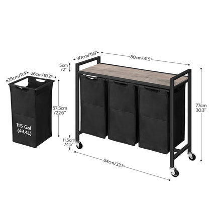 HOOBRO 3 × 11.5 Gal (43.4L) 3 Section Laundry Sorter with Wheels