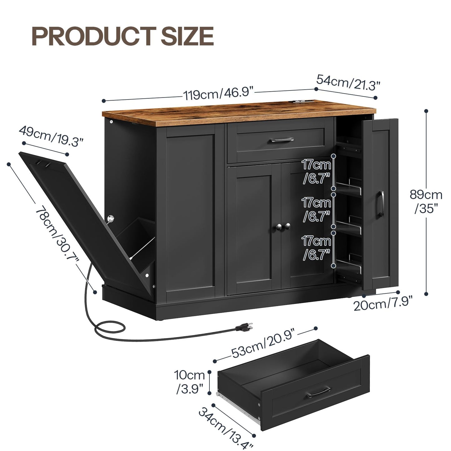 HOOBRO Black Mobile Kitchen Island with Trash Can Storage & Power Outlet & Spice Rack & Drawers