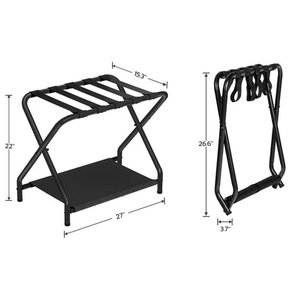 HOOBRO Black Folding Luggage Rack with Fabric Shelf