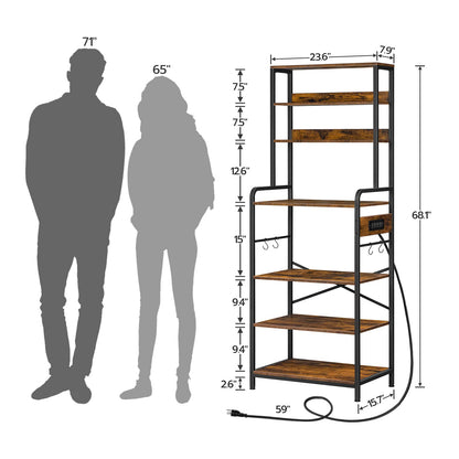 HOOBRO Retro Brown 68.1-inch 7-Tier Baking Rack with Power Outlet & 4 S-Hooks