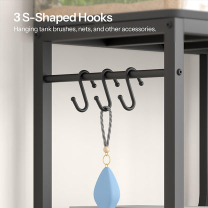 Black metal stand with S-shaped hooks and a blue hanging accessory.