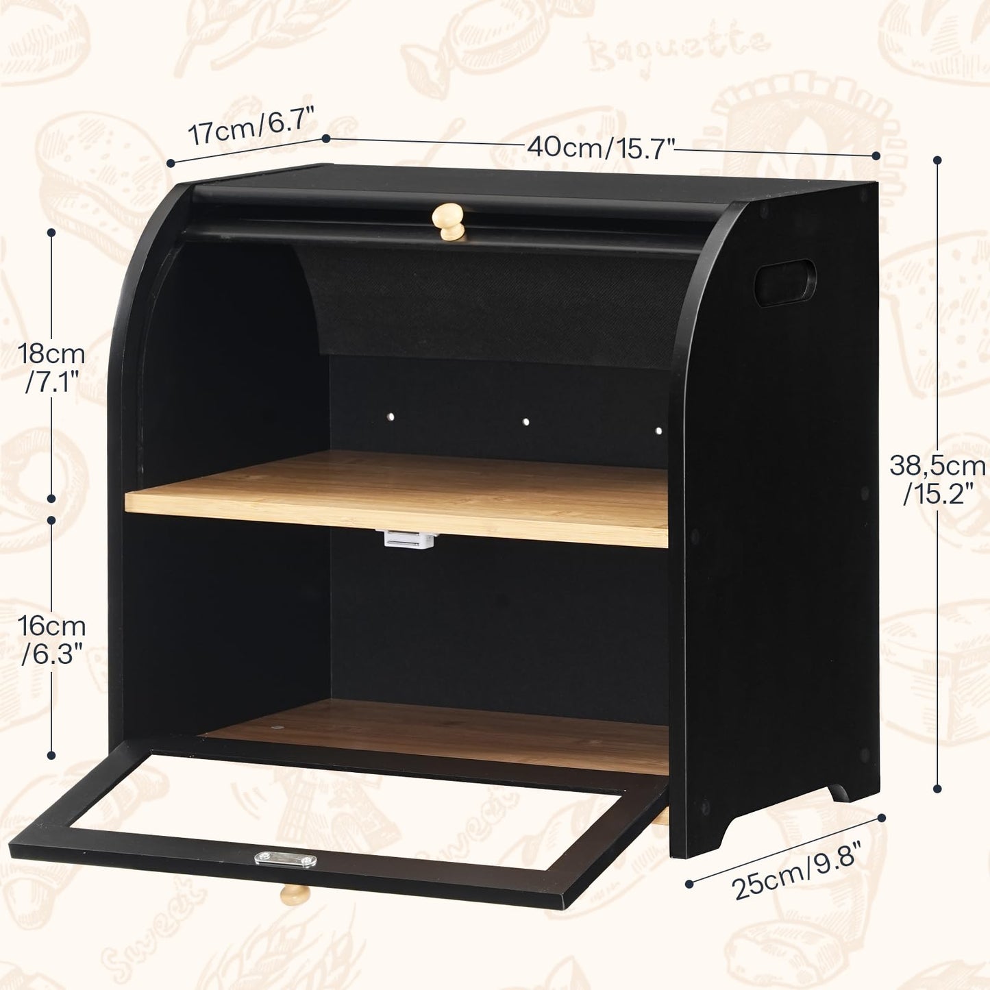 Black bread bin with wooden shelves and dimensions indicated on a beige background