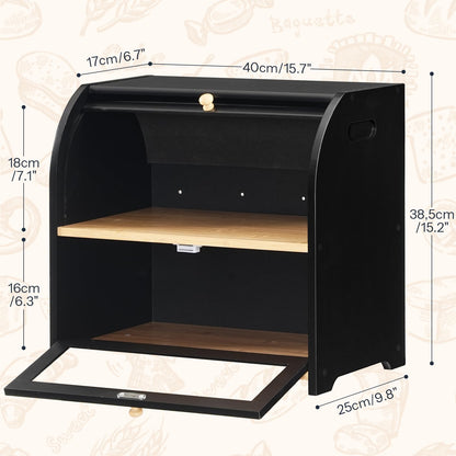 Black bread bin with wooden shelves and dimensions indicated on a beige background