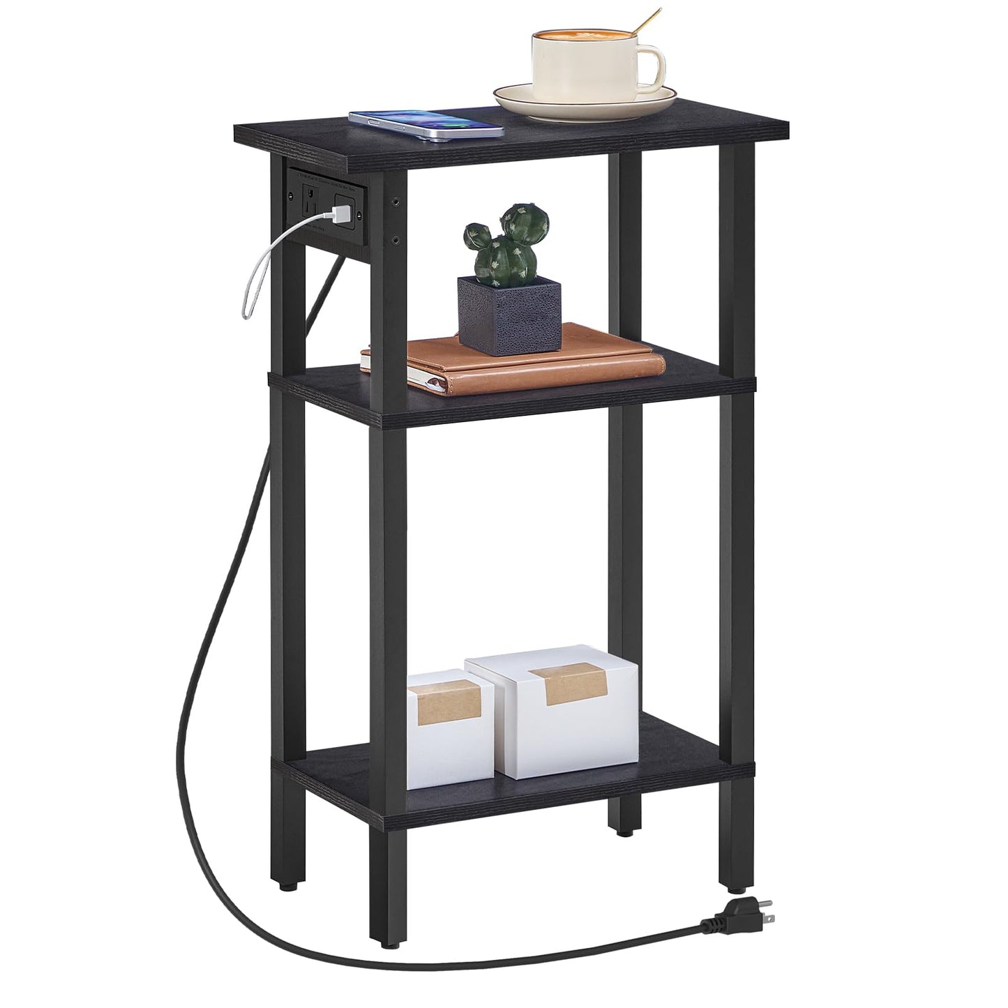 HOOBRO Narrow Side Table, 3-Tier Slim End Table with Charging Station, Skinny Nightstand with Open Storage, for Small Spaces, Living Room, Bedroom, Study, Rustic Brown and Black BB340UBZ01