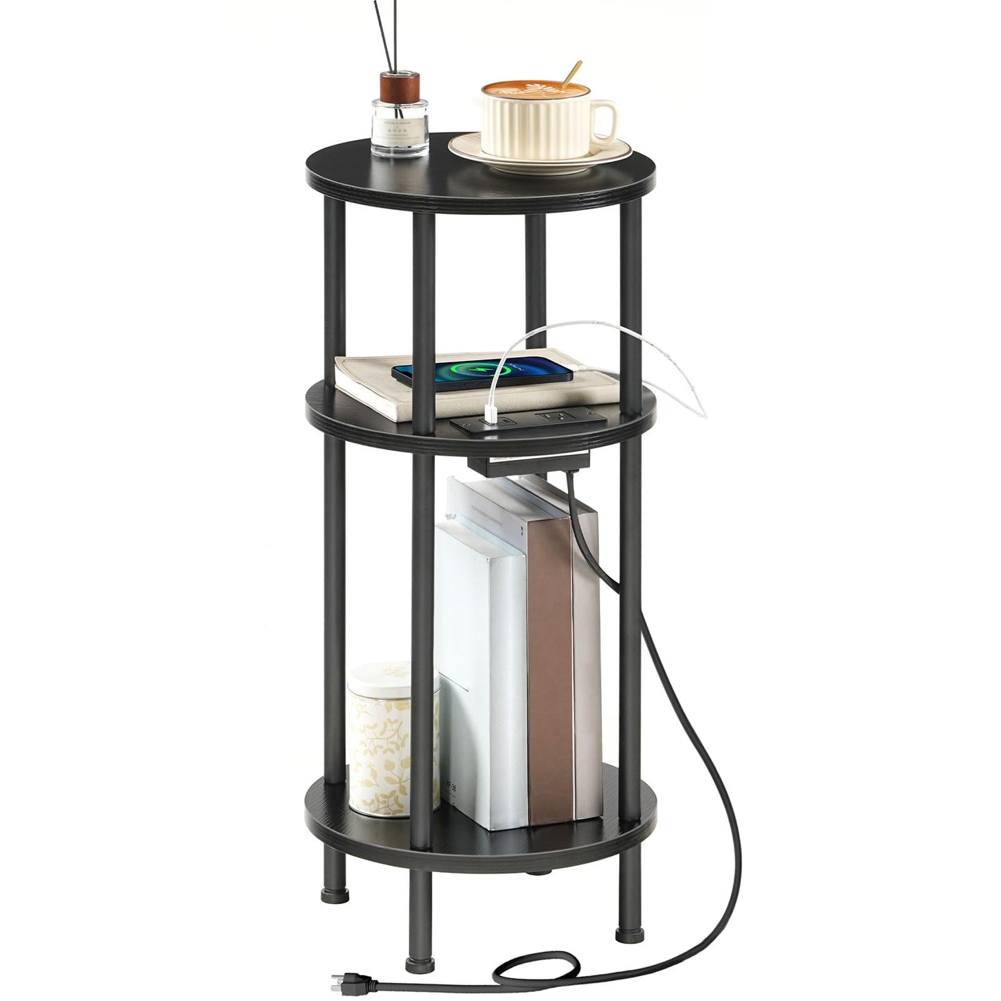 HOOBRO 3-Tier Small Round Side Table with Charging Station