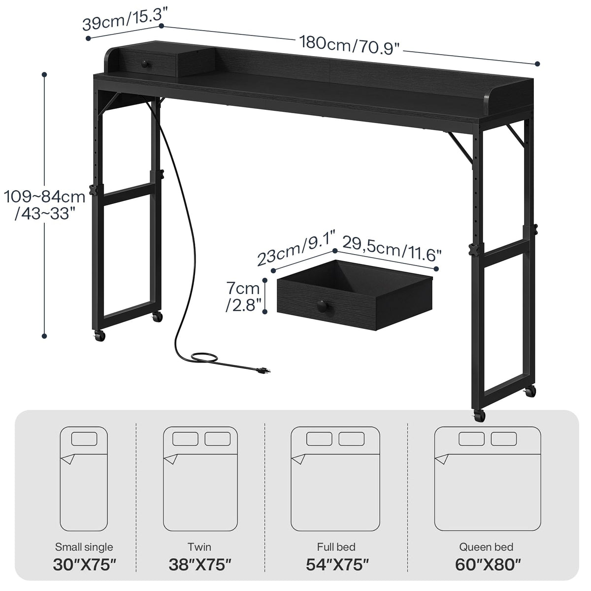 HOOBRO Overbed Table with Wheels, Rolling Table with Outlets & Light Strip for Queen Bed, Mobile Bed Desk & Drawer and Adjustable Height, Giant Computer Desk for Living Room, Black BB180UDDN01