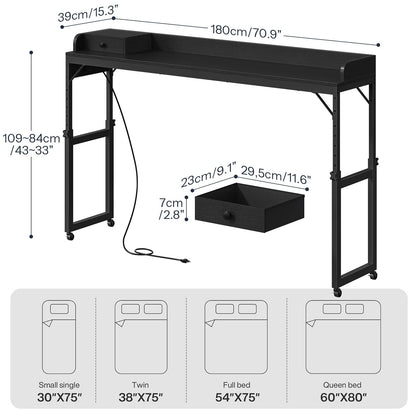 HOOBRO Overbed Table with Wheels, Rolling Table with Outlets & Light Strip for Queen Bed, Mobile Bed Desk & Drawer and Adjustable Height, Giant Computer Desk for Living Room, Black BB180UDDN01