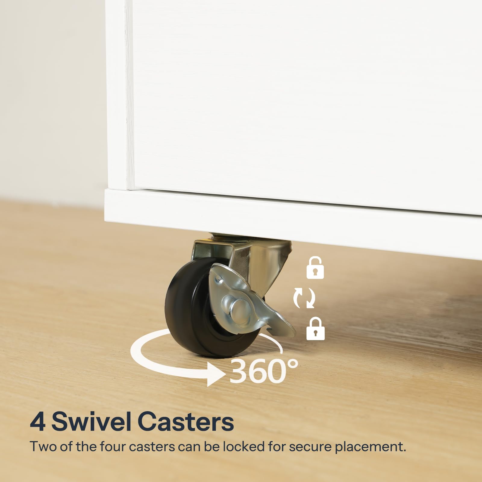 Swivel caster wheel on a piece of furniture with text indicating 360-degree movement and lockable feature.