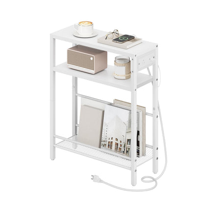 HOOBRO Small Narrow Side Table with Charging Station, Skinny End Table for Small Spaces, Slim Nightstand with USB Ports Outlet, Sofa Beside Table with Storage Shelf, White WT102UBZ01