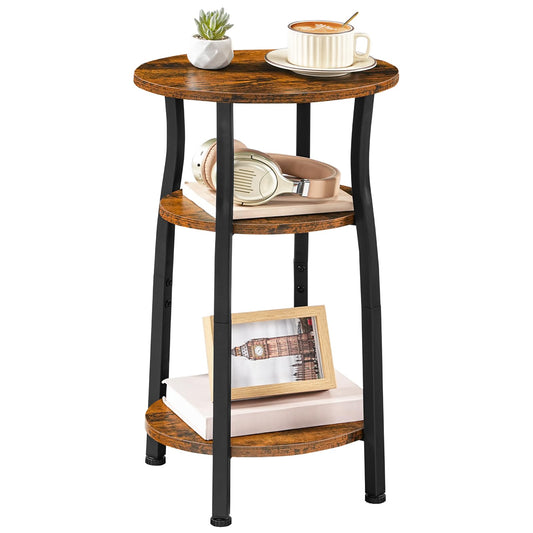 HOOBRO Small Round Side Table, 3-Tier Oval End Table with Storage, Slim Night Stand for Small Spaces, Corner Sofa Table for Living Room, Bedroom, Rustic Brown and Black BF258BZ01
