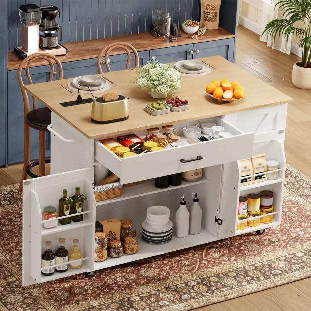 Kitchen island with storage compartments filled with kitchen items in a home setting.