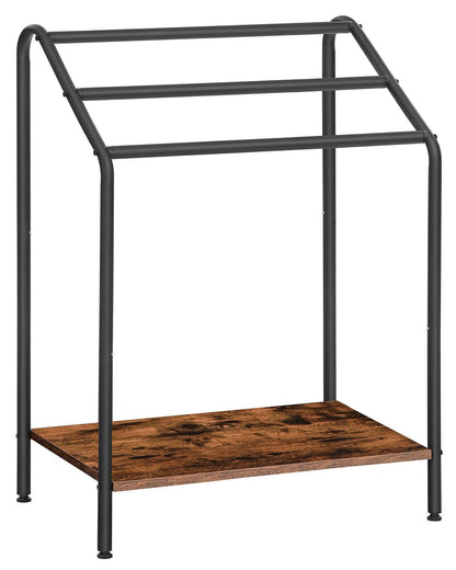 Two-tiered shelf with metal frame and wooden bottom shelf on a white background