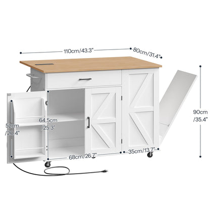 White kitchen island with wooden top and measurements on a white background