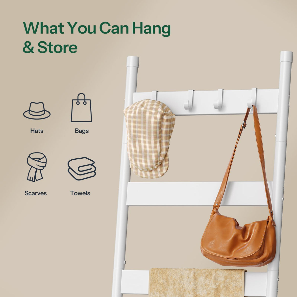 HOOBRO Blanket Ladder, 6-Tier Towel Rack with Hooks, Wall-Leaning Blanket Rack, Decorative Display Ladder Shelf, for Scarves, Industrial, Living Room, Bedroom, White WW66CJ01G1