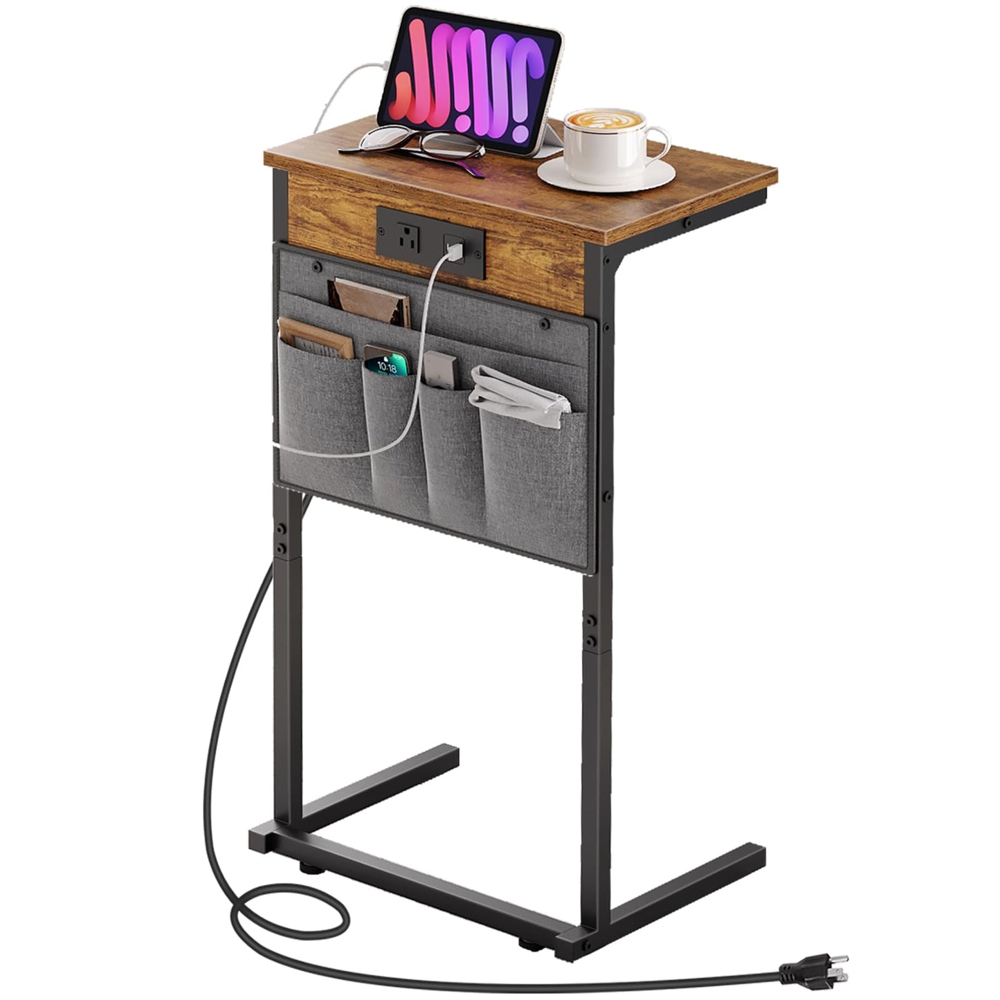 HOOBRO C Shaped End Table with Charging Station