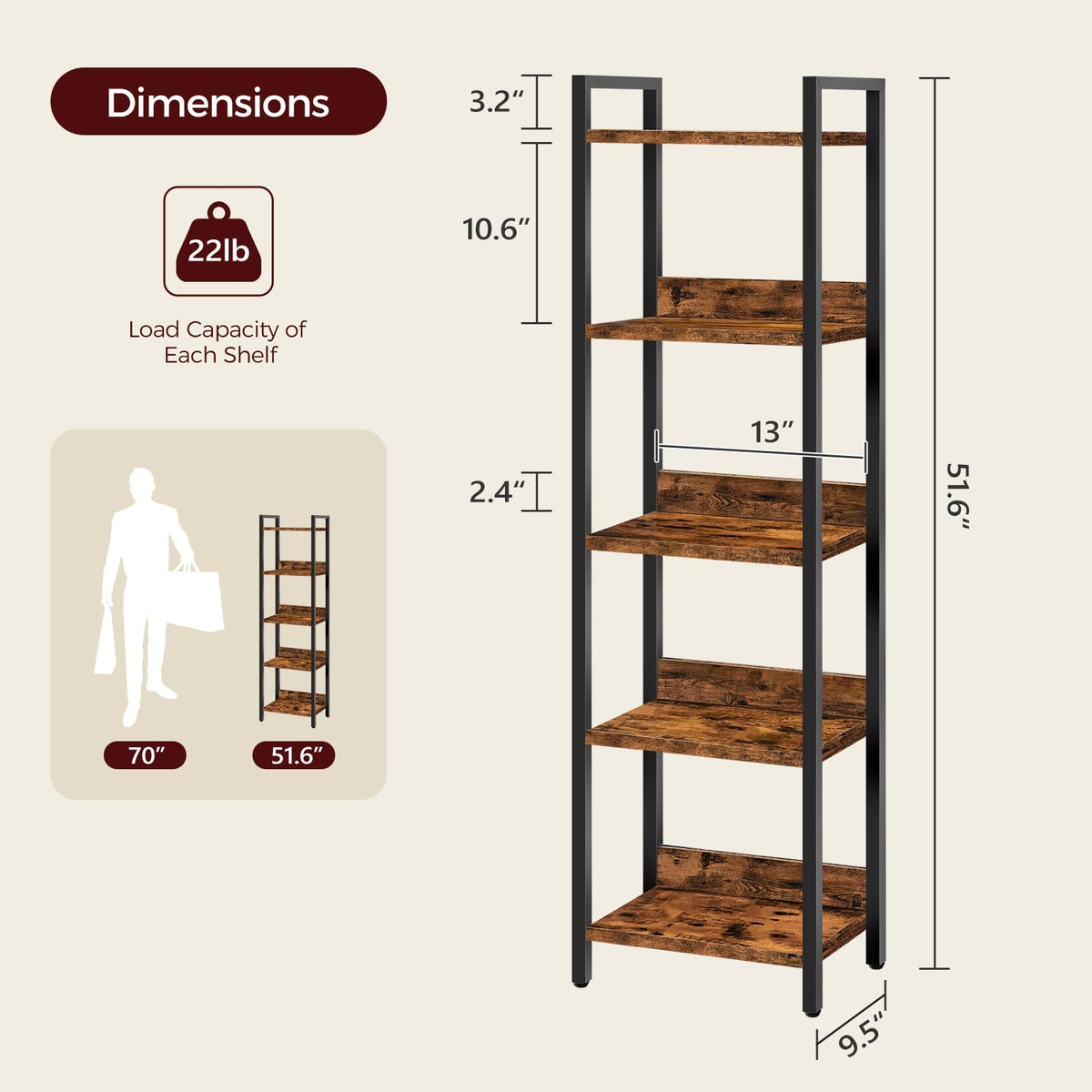 HOOBRO Bookshelf, 5-Tier Bookcase, Standing Book Shelf for Small Space, Storage Shelf Organizer, Rustic Brown and Black