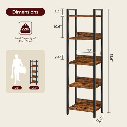 HOOBRO Bookshelf, 5-Tier Bookcase, Standing Book Shelf for Small Space, Storage Shelf Organizer, Rustic Brown and Black