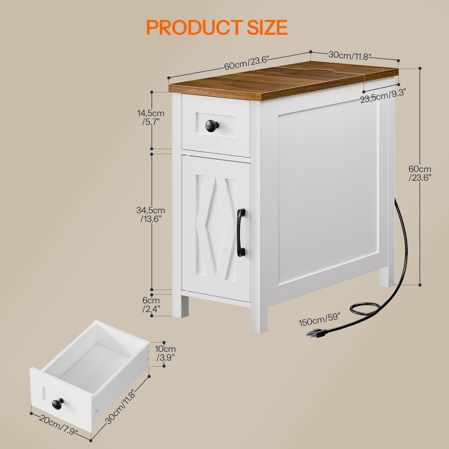 HOOBRO End Table with Charging Station, Farmhouse End Table with Drawer, Slim Nightstand for Living Room, Storage Cabinet, Narrow Side Table for Bedroom, Office, Walnut and White WH364UBZ01