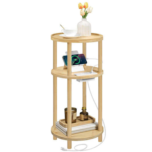 HOOBRO Three-Tier Small Round Side Table with Charging Station