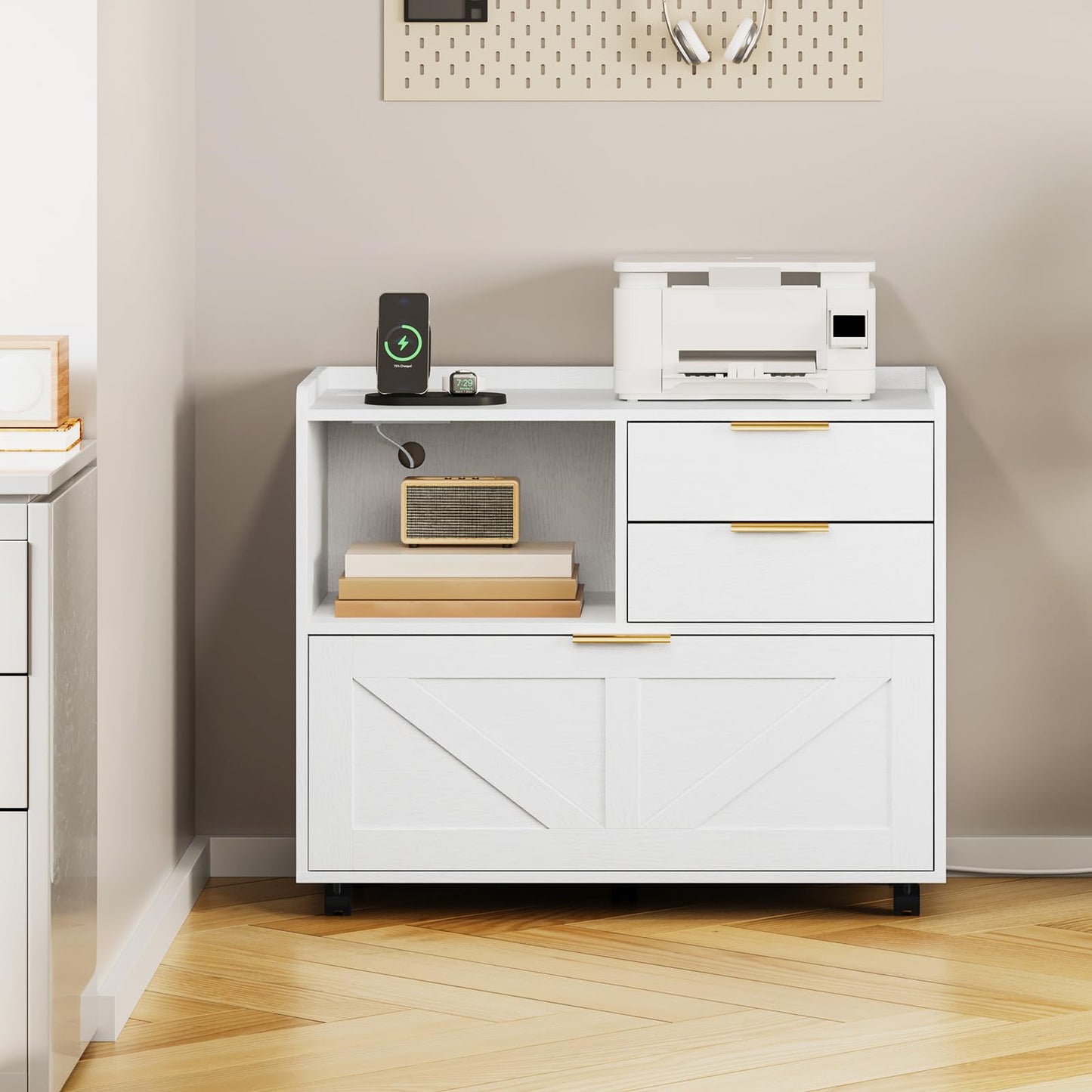 HOOBRO Wooden Lateral File Cabinet with Charging Station