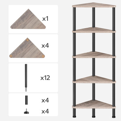HOOBRO Greige Industrial Style Five-Tier Corner Bookshelf