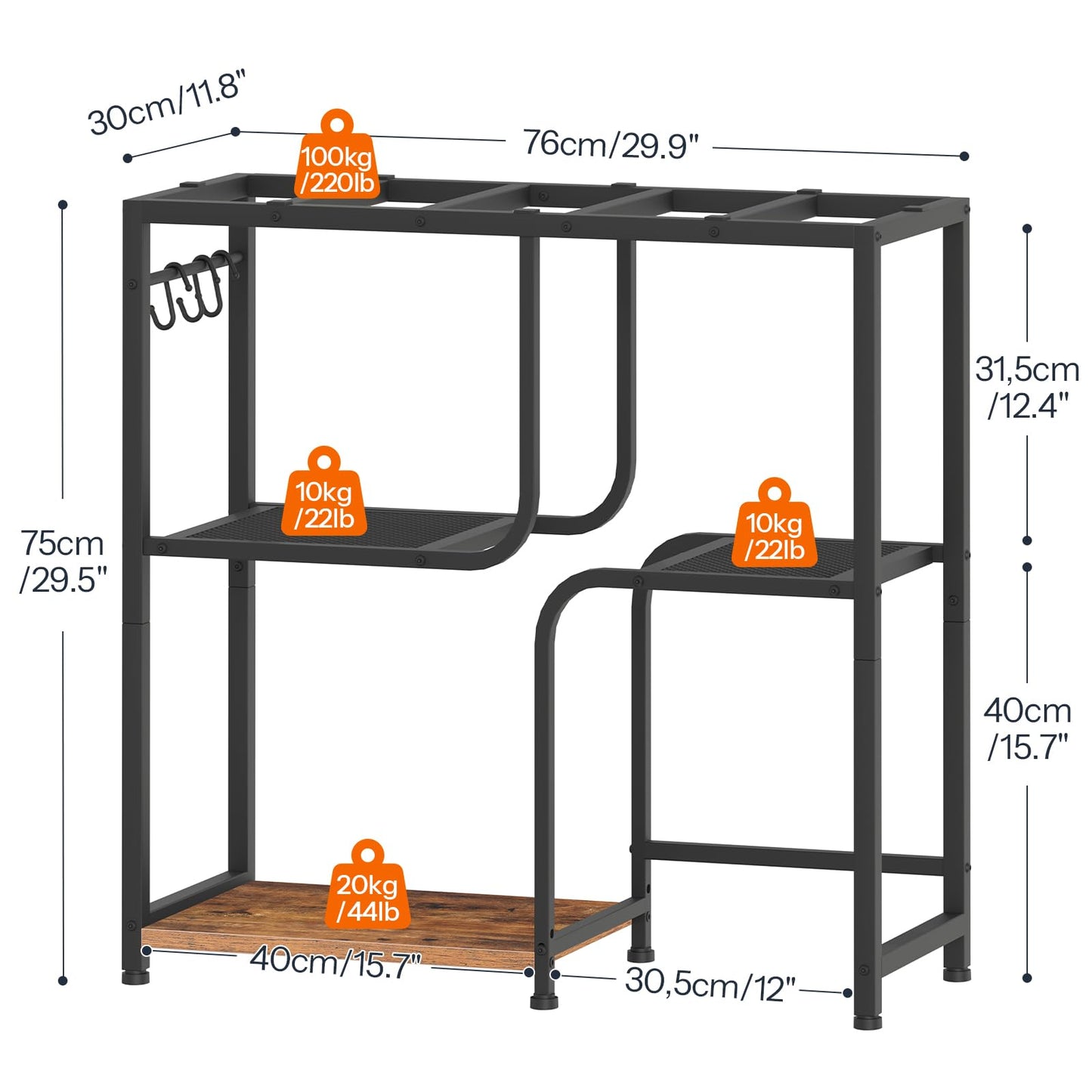 Black metal and wooden shelf with dimensions and weight capacity indicators on a white background