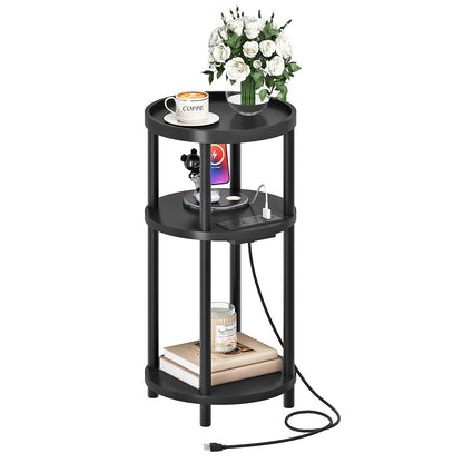 HOOBRO 3-Tier Bamboo Round Side Table with Charging Station