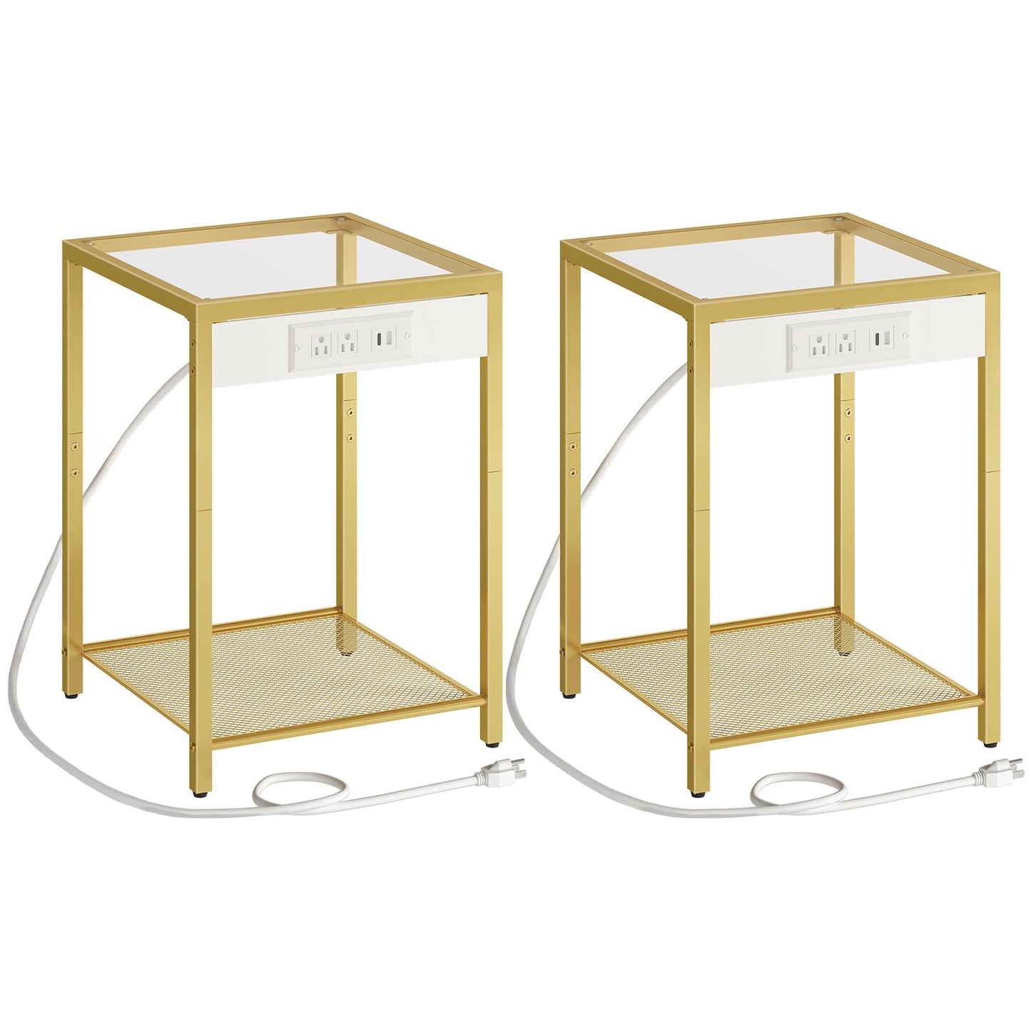 HOOBRO Gold Modern Metal Frame Tempered Glass Desktop Side Table with USB Port & Charging Station / 2PICS