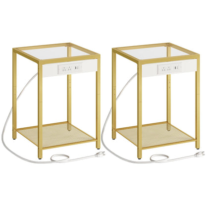 HOOBRO Gold Modern Metal Frame Tempered Glass Desktop Side Table with USB Port & Charging Station / 2PICS