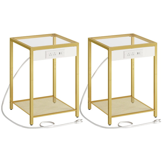 HOOBRO Gold Modern Metal Frame Tempered Glass Desktop Side Table with USB Port & Charging Station / 2PICS