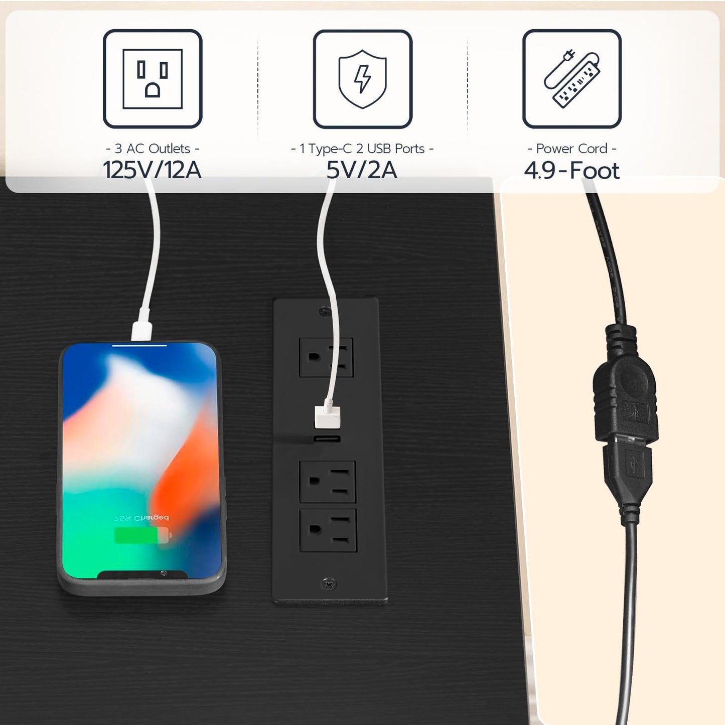 Black power strip with multiple outlets and USB ports, connected to a smartphone and power cord.