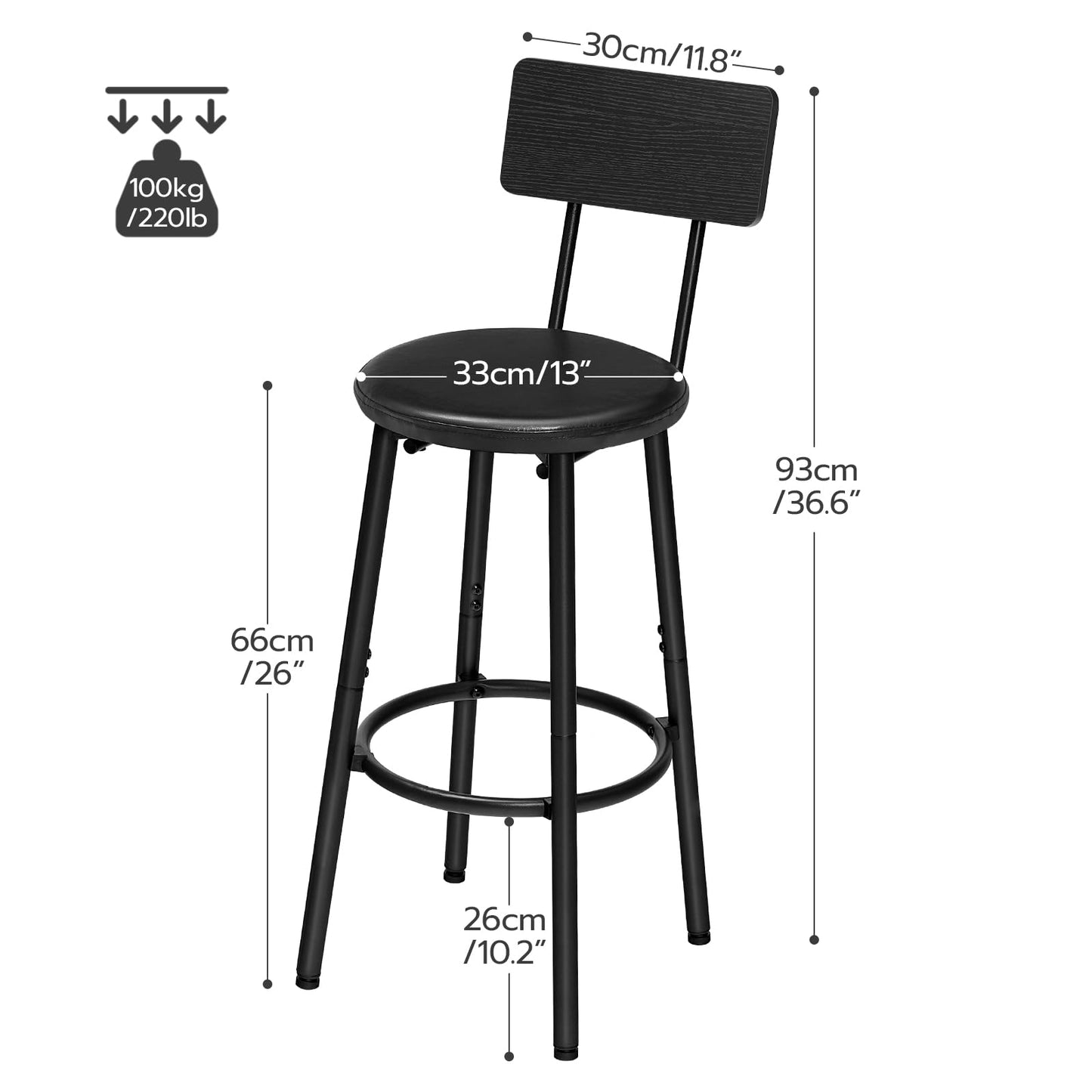 HOOBRO Black 26-inch PU Padded Bar Stool with Footrest and Backrest /2PICS