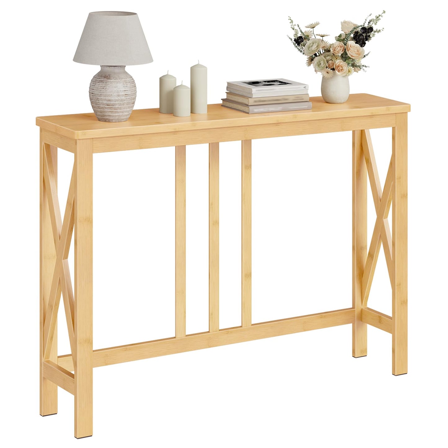HOOBRO Narrow Bamboo Console Table with X-Frame
