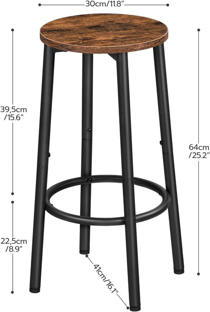 HOOBRO Bar Stools, Set of 2 Bar Chairs, Kitchen Round Height Stools with Footrest, Breakfast Bar Stools, Sturdy Steel Frame, for Dining Room, Kitchen, Party, Easy Assembly, Rustic Brown BF03BY01