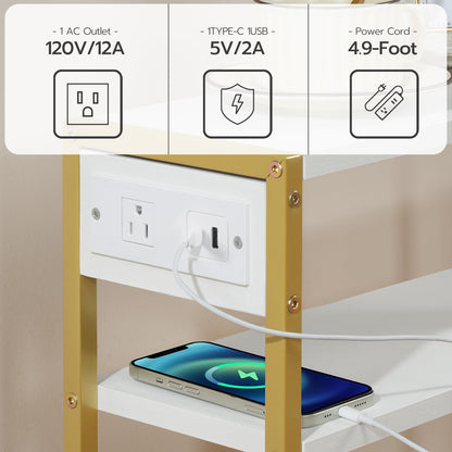 HOOBRO Small Narrow Side Table with Charging Station, Skinny End Table for Small Spaces, Slim Nightstand with USB Ports Outlet, Sofa Beside Table with Storage Shelf, White and Gold DW102UBZ01