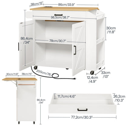 HOOBRO White Movable Kitchen Island with Folding Countertop & Power Outlet & Drawers & Spice Rack