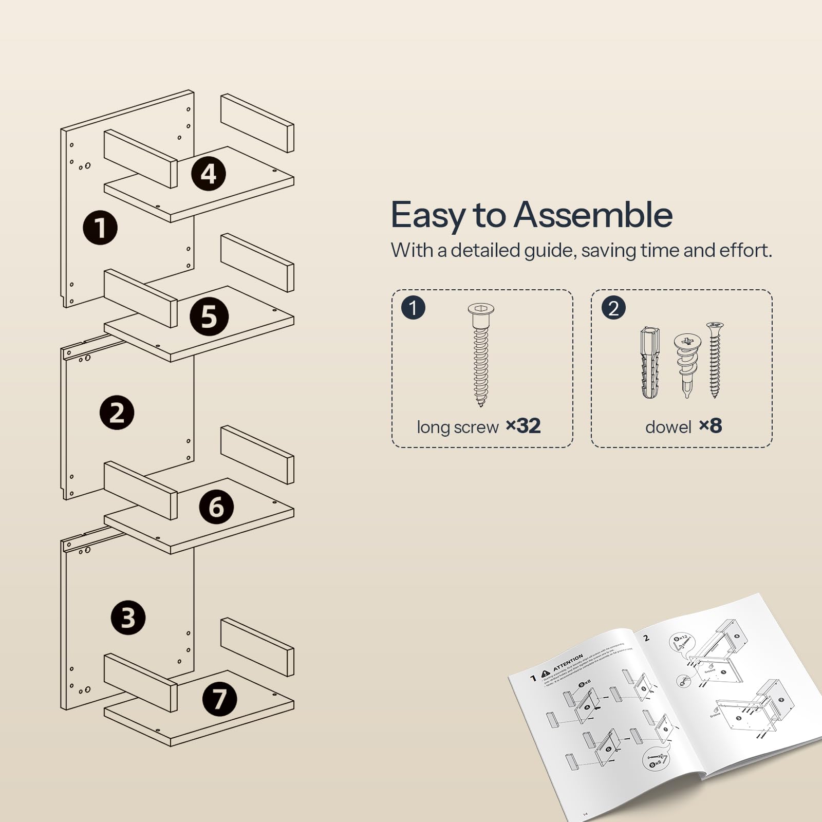 Assembly diagram and parts list for a piece of furniture with an open instruction manual on a beige background.